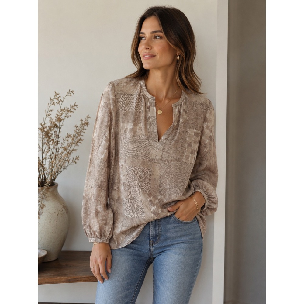 Lafayette 148 New York Women 100% Silk Patchwork V-Neck Tunic Blouse Beige XL